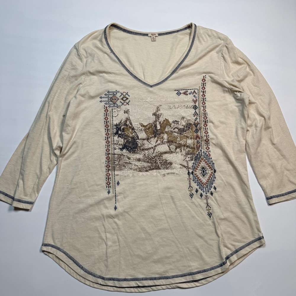 Reba Shirt Womens XL Beige Western Cowboy V Neck Graphic 3/4 Sleeve Tunic Top
